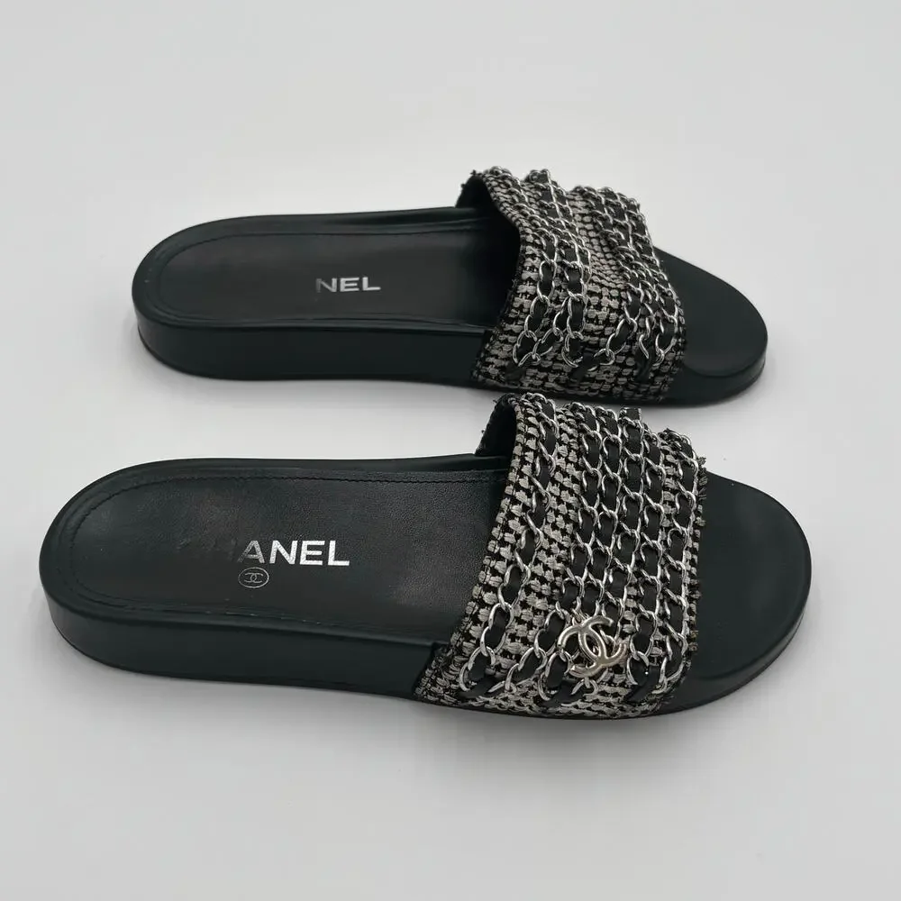 Chanel CC Chain Slide Sandals Flat Canvas Slip On Shoes Black Tweed Size 38